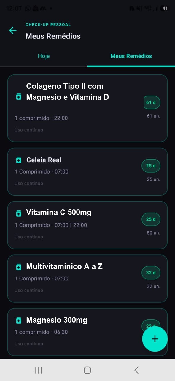 Lista de medicamentos com dosagem, horários e dias de estoque restante
