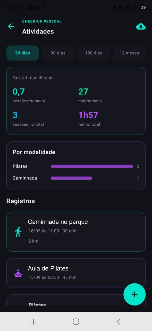 Atividades físicas com resumo do período, sessões por modalidade e os registros de cada treino